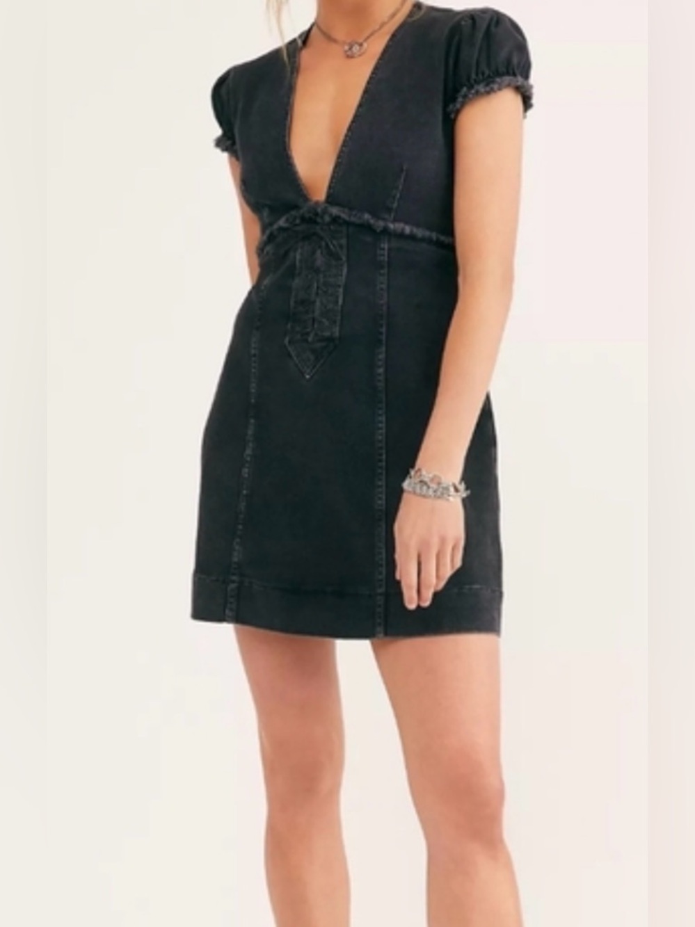 NWOT Free People Dark Denim Mini Dress with Deep V Neck